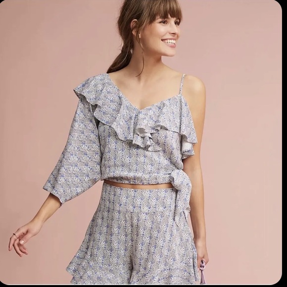 Maeve by Anthropologie one shoulder, blue pineapple, ruffle sleeve crop top - Picture 1 of 5